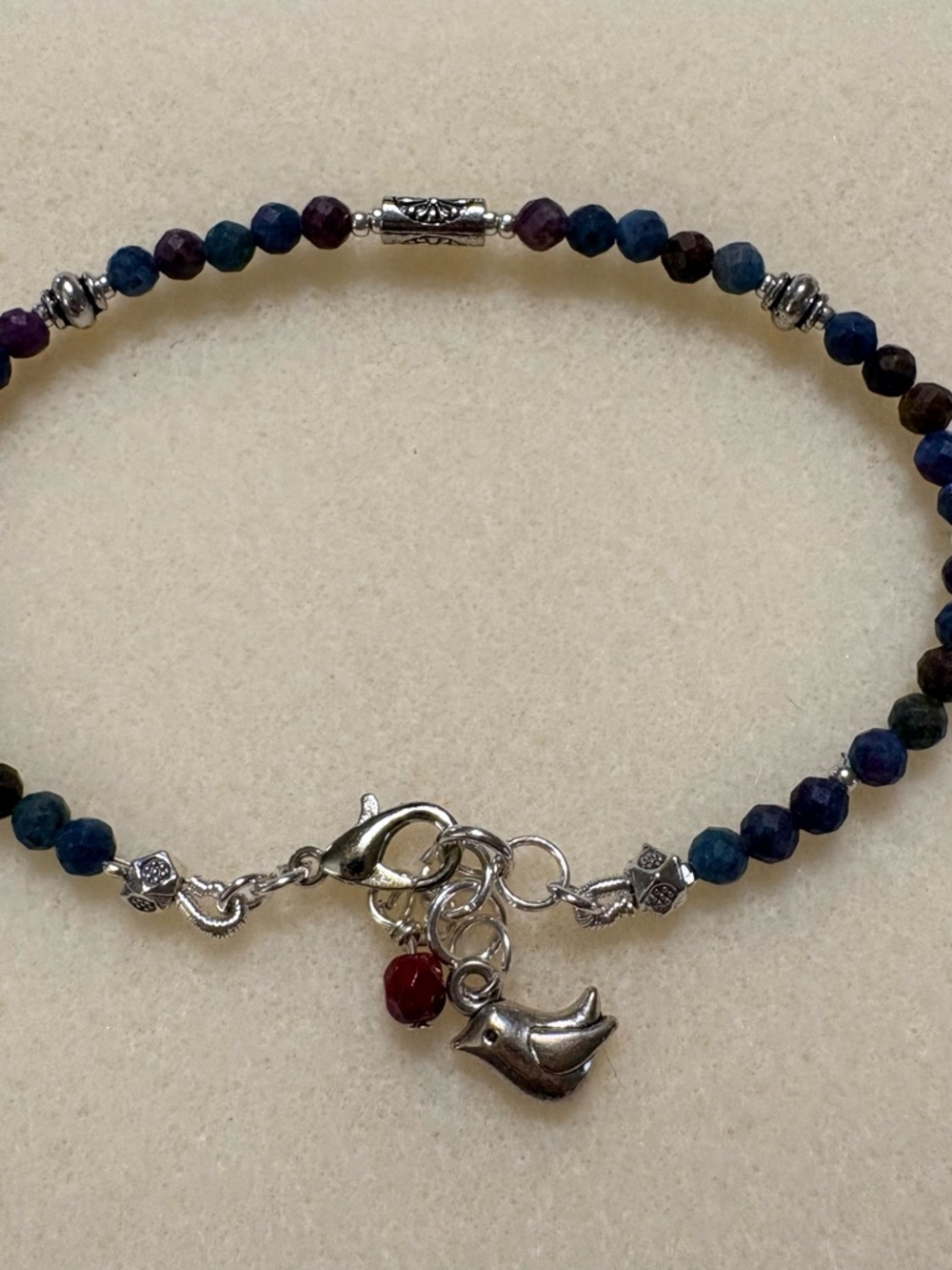 Rare pink and blue tourmaline  Beaded Bracelet with Silver Bird Charm